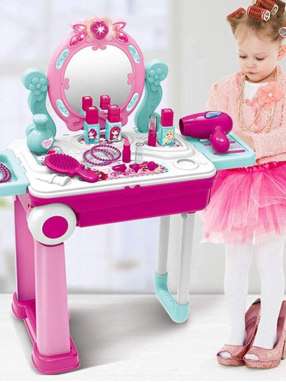 Kids Vanity Makeup Table Pretend Play Set, Princess Beauty Salon Toy with Mirror - Picture 9 of 10